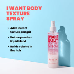 ELEVEN AUSTRALIA I Want Body Texture Spray applying to hair for added texture.