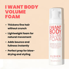 I Want Body Volume Foam application on damp hair for even distribution.