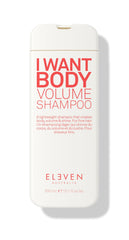 ELEVEN AUSTRALIA I Want Body Volume Shampoo bottle demonstrates packaging for volume.