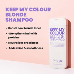 ELEVEN AUSTRALIA Keep My Colour Blonde Shampoo label closeup shows Ext Violet 2 for brassiness control