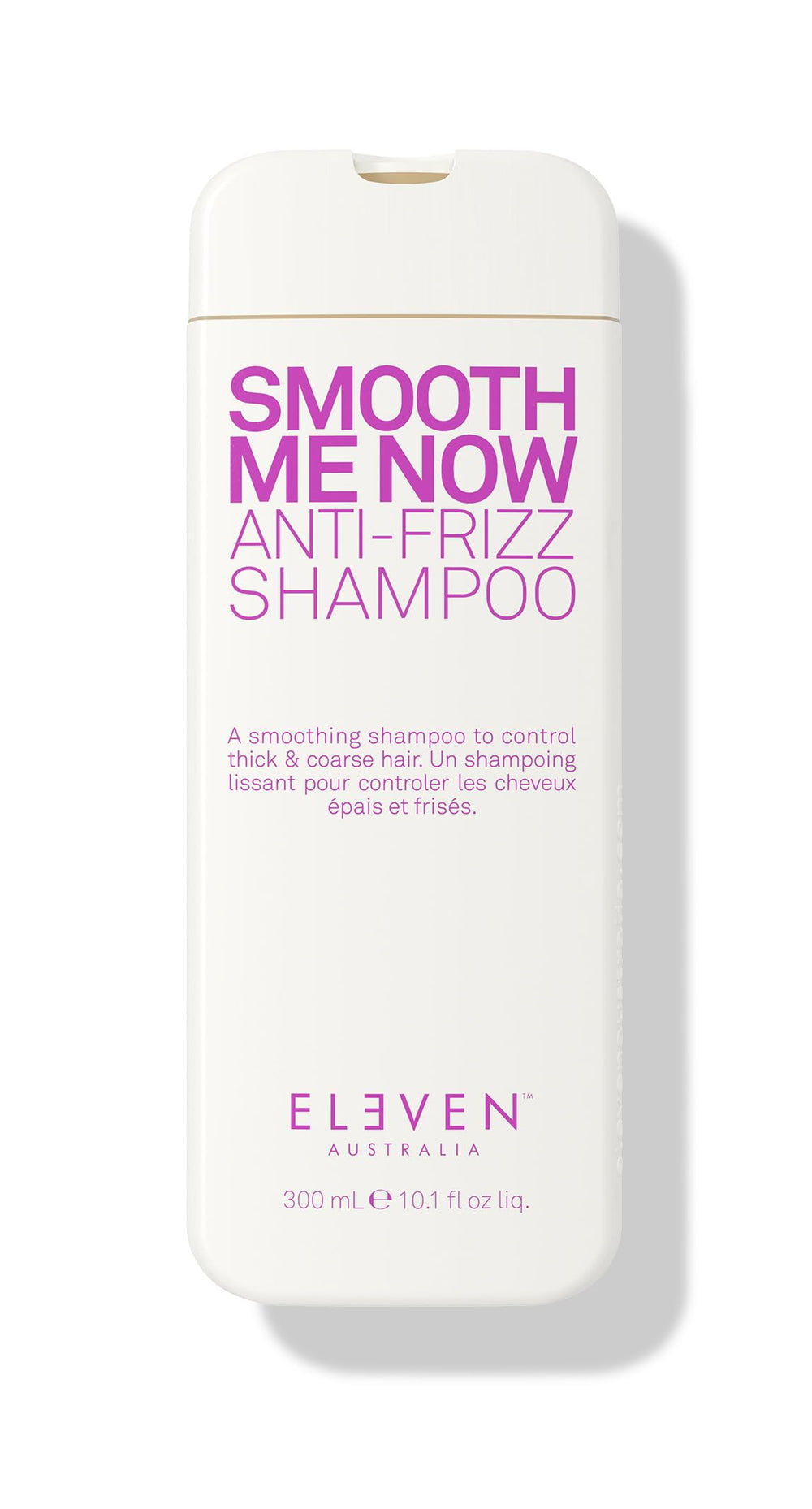 ELEVEN AUSTRALIA Smooth Me Now shampoo bottle front showcasing frizz-control formula.