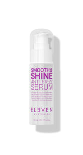 ELEVEN AUSTRALIA Smooth & Shine serum bottle showing frizz control and shine benefits