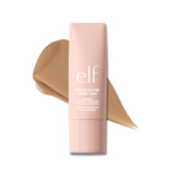 e.l.f. Halo Glow Skin Tint packaging shows a vegan formula and sleek bottle for daily use.