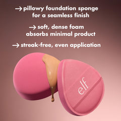 e.l.f. Pillow Puff sponge in action blending foundation for streak-free finish.