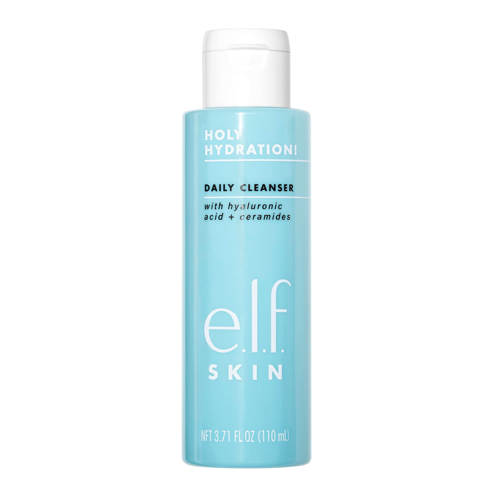 e.l.f. SKIN Holy Hydration Daily Cleanser bottle shows a hydrating formula for all skin types.