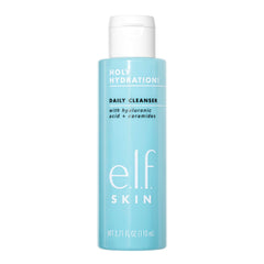 e.l.f. SKIN Holy Hydration Daily Cleanser bottle shows a hydrating formula for all skin types.