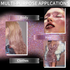 Festival-ready pink holographic glitter spray on hair