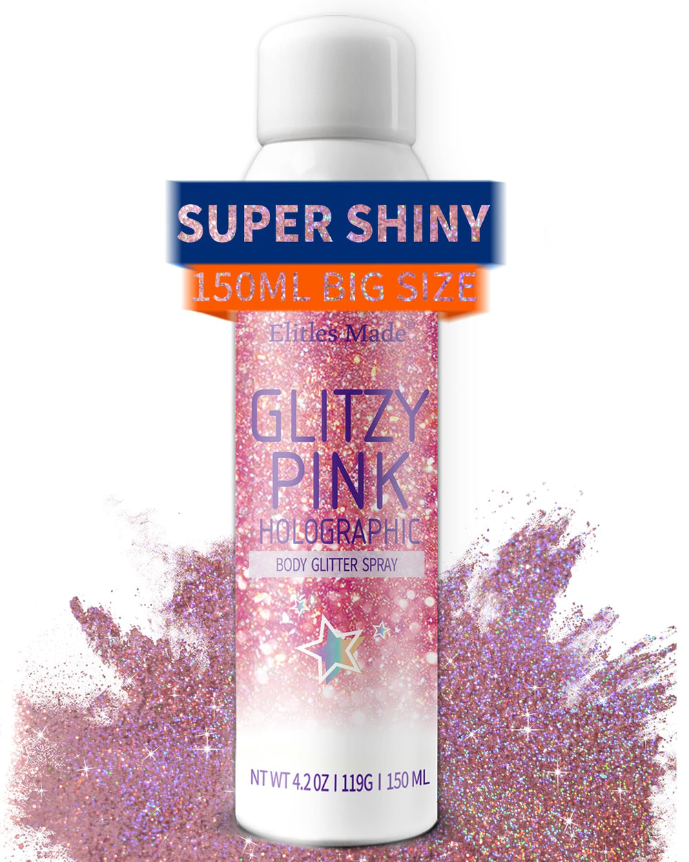 Elitles Made pink holographic glitter spray applied to hair for festival shine
