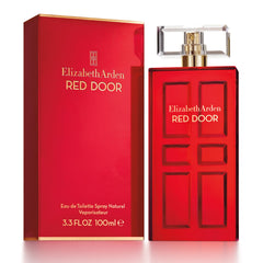 Elizabeth Arden Red Door bottle featuring iconic door design on a vanity
