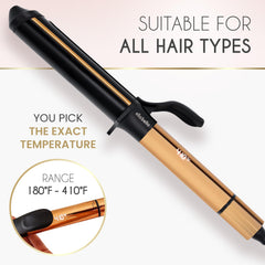 ELLA BELLA curling iron includes heat-resistant glove for safe styling.