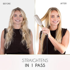 Ella Bella titanium flat iron with titanium plates delivering even heat and shine.