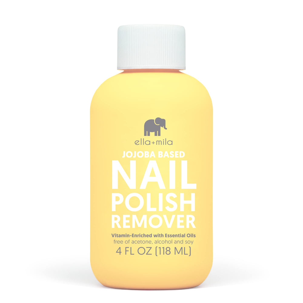 ella-mila jojoba nail polish remover bottle displaying non acetone formula for gentle polish removal