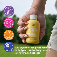 ella-mila jojoba nail polish remover packaging showing vegan and cruelty-free claims
