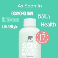 closeup of ella+mila remover label highlights non-acetone, vitamin-enriched formula.