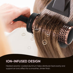 Ellen Evyse round brush vented barrel speeds drying and minimizes frizz.