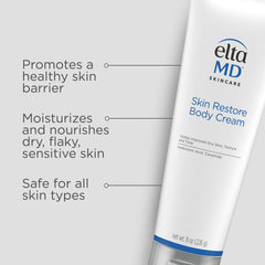 EltaMD fragrance-free body cream texture shown for gentle hydration.