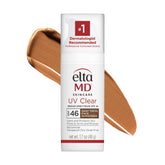 EltaMD UV Clear Deep Tint SPF 46 bottle showing oil-free protection for sensitive skin.