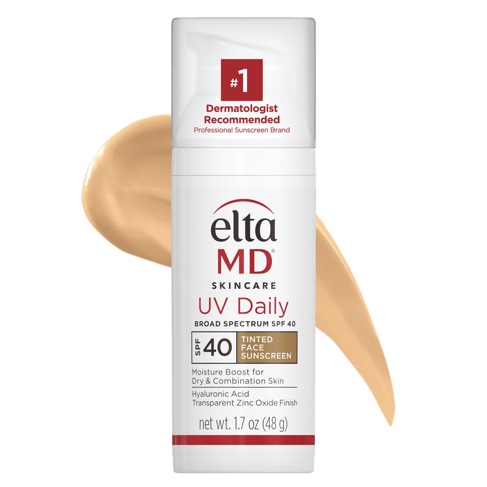 EltaMD UV Daily tinted SPF 40 bottle-pump on vanity for daily hydration and sun protection.