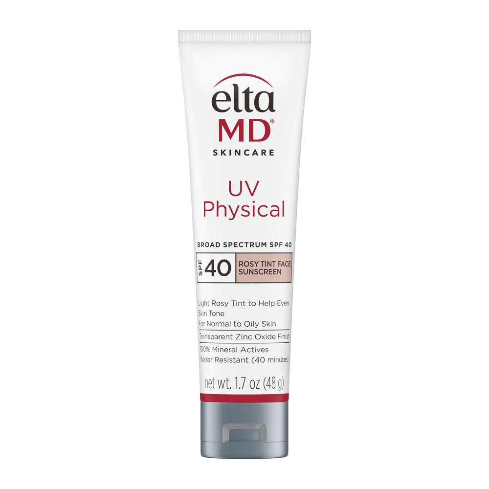 EltaMD UV Physical Rosy Tint bottle close-up showing mineral sunscreen protection.