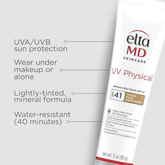 EltaMD UV Physical tinted sunscreen swatches demonstrate a natural blend for fair to medium skin