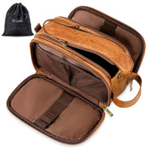 Elviros Toiletry Bag for Men in brown, front view showing spacious travel organization.