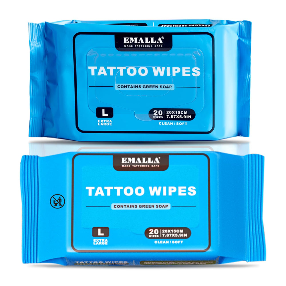 Emalla Green Soap Tattoo Wipes two-pack ready for quick, alcohol-free cleansing.