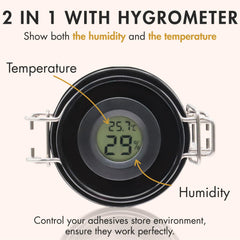 Embagol airtight glue container with carbon seal protecting contents from moisture and light.