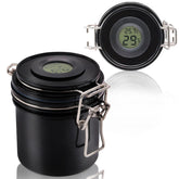 Embagol false lash glue storage tank with hygrometer lid showing visual condition readouts.