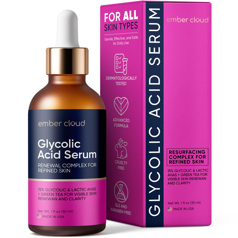 Ember Cloud Glycolic Serum bottle with 15% formula for radiant skin
