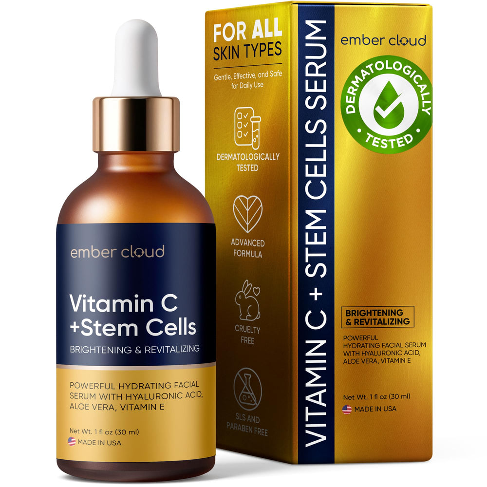 Ember Cloud Vitamin C Serum bottle front showing a brightening formula for all skin types.