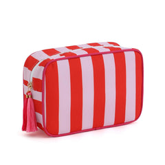 EMBRUNIOICE striped makeup bag with red-pink design, ideal for travel organization.