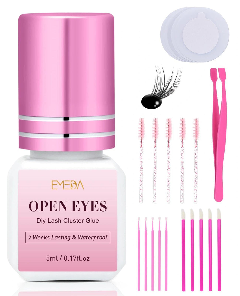 EMEDA Sensitive Lash Cluster Glue Kit open eyes setup for at-home, beginner-friendly use.