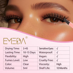 Open eyes show precise lash placement using EMEDA cluster glue.