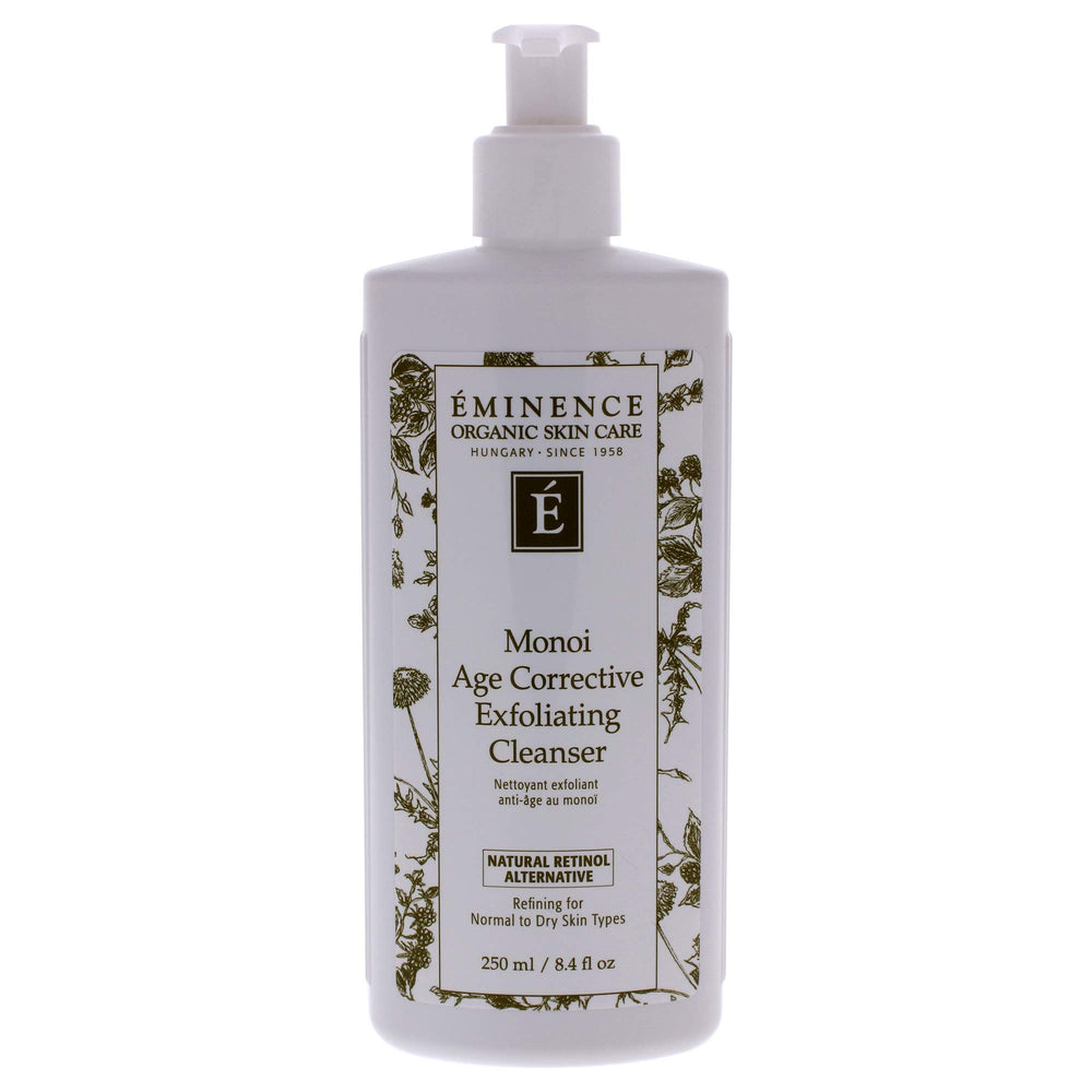 Eminence Age Corrective Monoi Exfoliating Cleanser bottle demonstrates gentle exfoliation for smooth skin.
