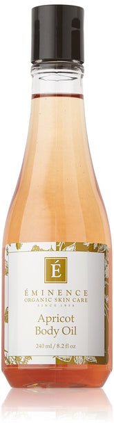 Eminence Apricot Body Oil bottle provides lightweight daily hydration for all skin types.