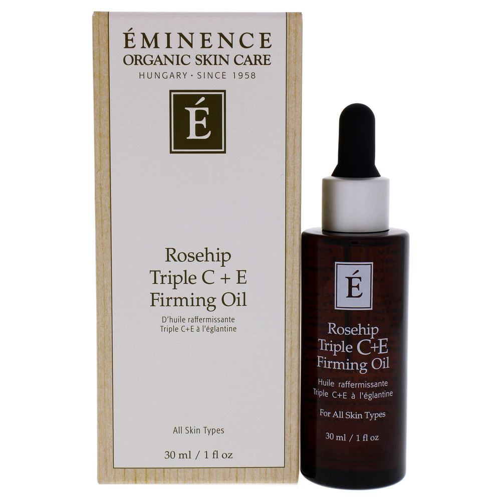 Eminence Rosehip Triple C+E Oil bottle highlights deep hydration.