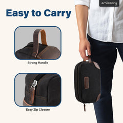 Emissary men's toiletry bag open interior showing organized compartments