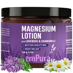 EMPURA Loción de Magnesio con Lavanda, textura seda y absorción rápida para piernas cansadas.