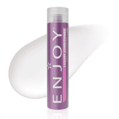 Enjoy Luxury Conditioner bottle pour shows easy dispensing for frizz control and moisture.