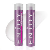 Enjoy Luxury Shampoo bottle pour demonstrates frizz control and shine for smoother hair.
