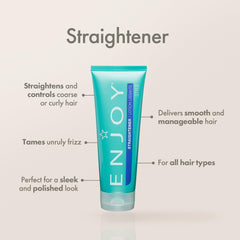 Enjoy Straightener balm packaging highlights a non chemical smoothing option