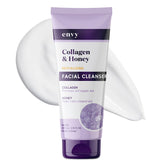 Limpiador facial Envy, botella con colágeno y miel para hidratación suave.