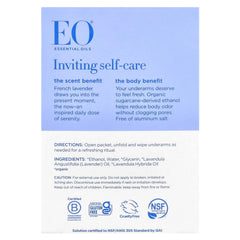 EO Lavender Deodorant Wipes application scene shows travel-friendly size