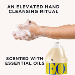 EO liquid hand soap suds closeup shows rich lather and plant-based cleansing