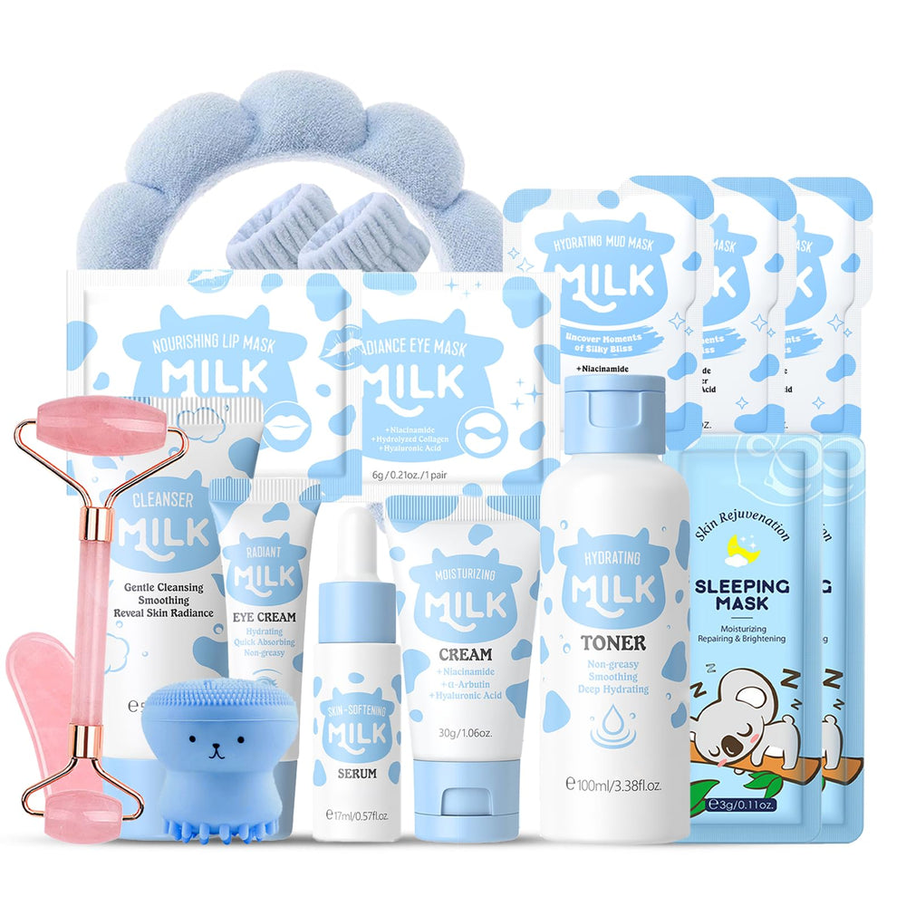 EONFAVE milk skin care set display for kids and teens, showcasing complete routine kit.