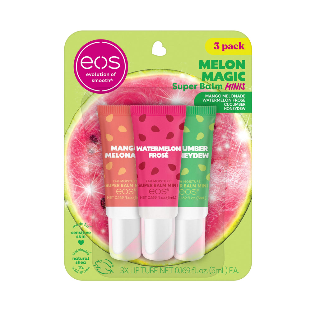 EOS 24H Moisture Super Balm Minis Melon Magic pack delivers all-day hydration for dry lips.