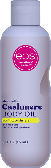 eos cashmere oil vanilla botella derramando hidratación suave al instante