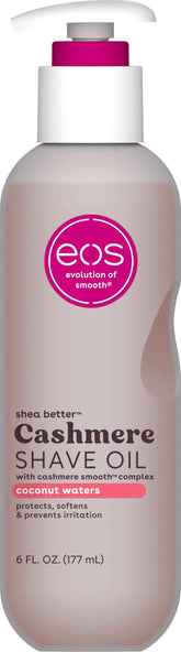 eos Cashmere Shave Oil Coconut Waters bottle offers smooth glide for sensitive skin