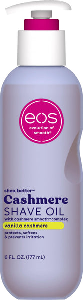 eos Cashmere Shave Oil bottle featuring Vanilla Cashmere for a smooth shave