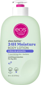 eos Creme de Pistachio body lotion bottle delivers long-lasting hydration and a luxurious scent.